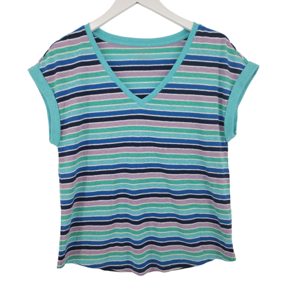 Talbots Linen Blend Shirt Short Sleeve V Neck Striped Size Medium